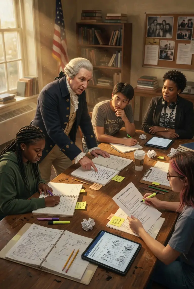 Students collaborating with George Washington around a table while reviewing scripts and production notes for the History on the Road series.