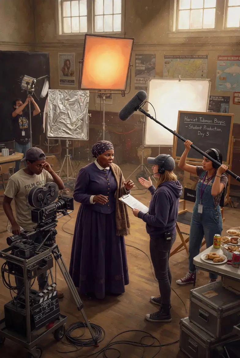 Students helping film Harriet Tubman on location during production of the History on the Road educational series.