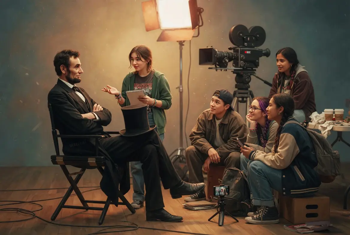 Abraham Lincoln sits in a director’s chair engaged in conversation with high school students during the filming of History on the Road.